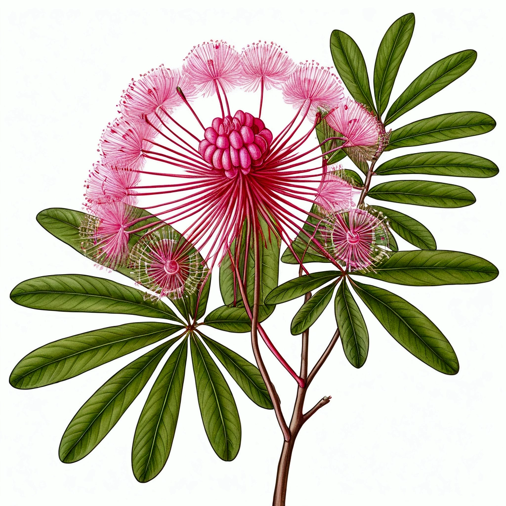 Drawing of a pink caliandra (Calliandra tweedii), 8K, no errors in the image, No writing, no signature.