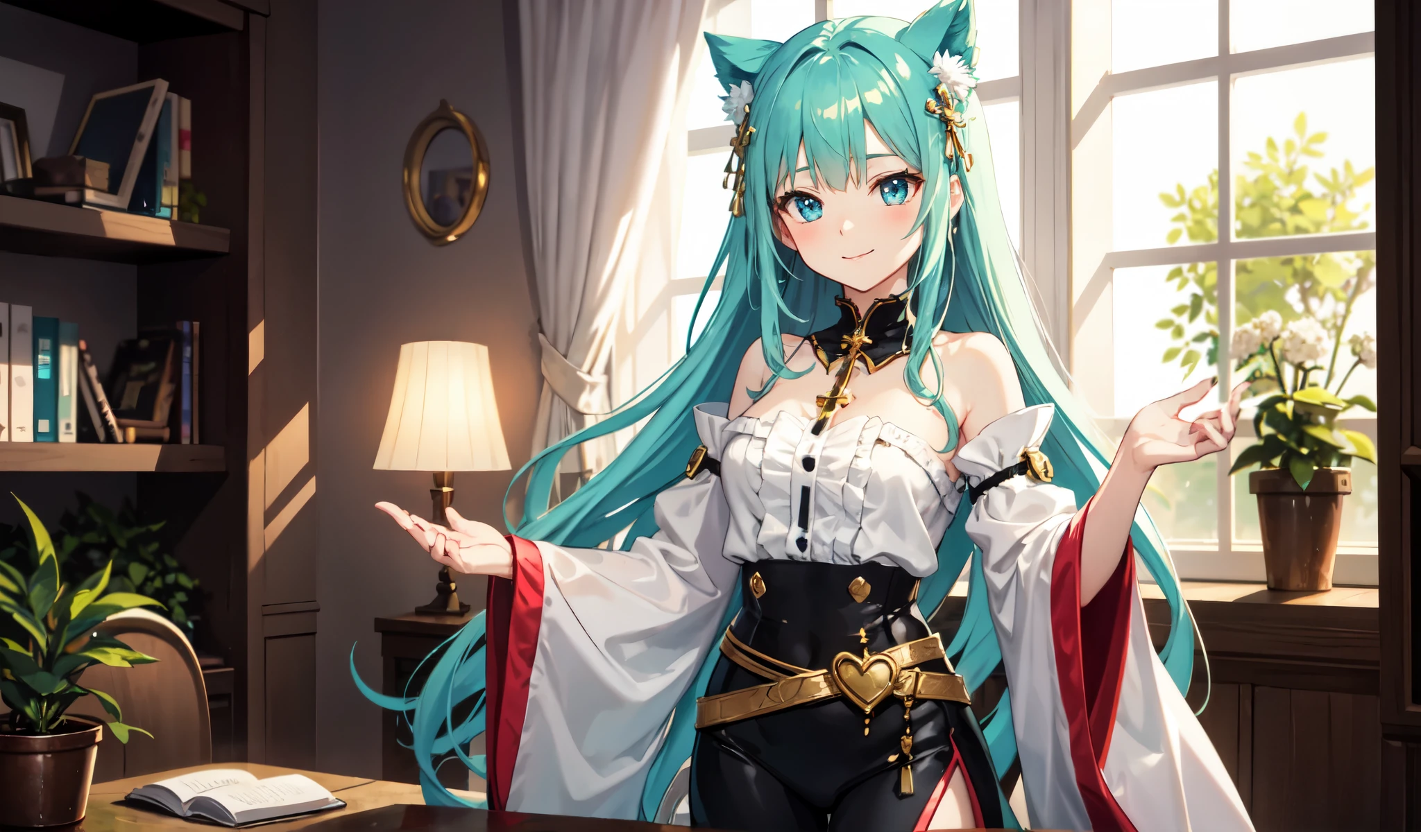 Create a high-quality anime image of a beautiful female character with long, flowing aqua-green hair adorned with white flowers. She has large, sparkling blue eyes and a gentle smile with a slight blush on her cheeks. The character wears a stylish black outfit with intricate details, including black ruffled sleeves and a cross-strap design on the back. A pink ribbon and a golden heart accentuate her waist. She is looking towards you and winking.
The setting is a bright, cozy room with sunlight streaming in from the ceiling giving the character a warm glow. The background includes a small bookshelf, green plants, and other elements that contribute to a calm, inviting atmosphere.
The overall atmosphere of the image should be bright and a little flirty, highlighting the character's charm and attractive personality.