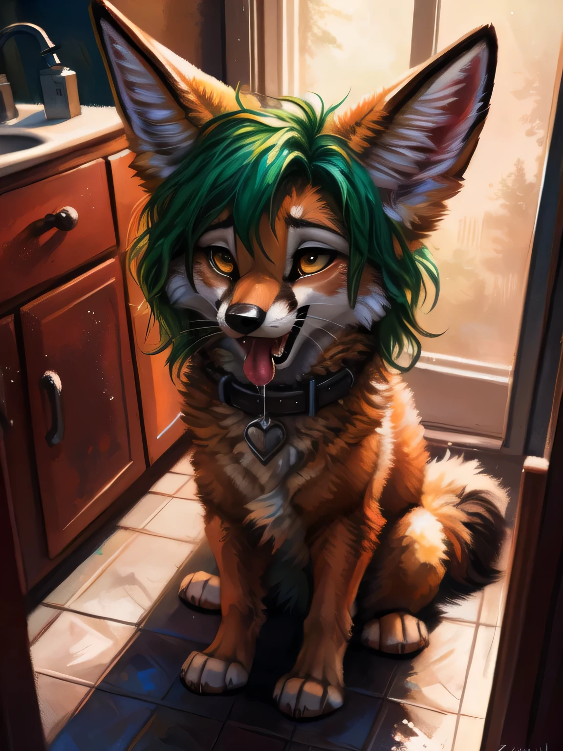 Yellow colored fox boy,Embarrassing face,Blue collar,Dog treatment,Pet food