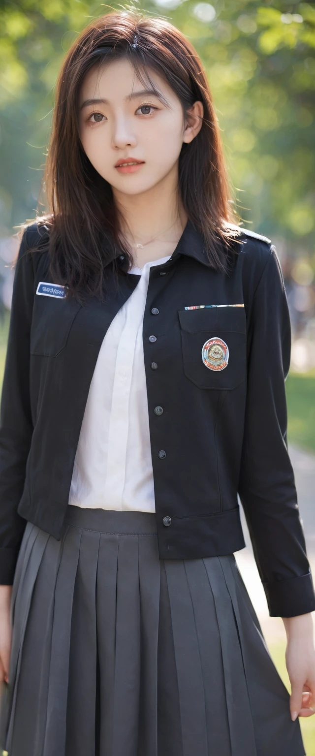 18 years old female, Long hair, RAW photos, Bokeh (realism: 1.4, Practical), High-detail CG unified 8K wallpaper, 1 Girl, ((slim: 1)), (Small Breastss: 1), Return to Viewer, ((Frontal view)), (HQ Skin: 1.4), 8K Ultra HD, Digital SLR Camera, Soft Light, high quality, Film Grain, Fuji XT3, ((Uniforms, Short skirt,See-through open skirt:1.5)), ((outdoor, in the park))) Long beads, portrait,((Layered short hair, Black Hire,Small Breasts:1.2)),(Looking at the audience:1.4),(whole body:1.8)
