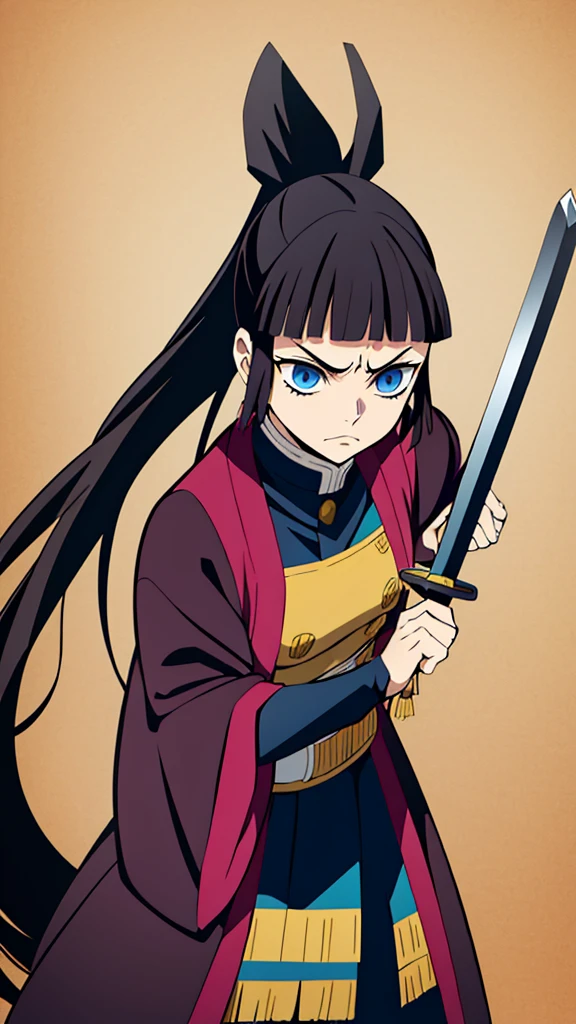1 mature girl, blue eyes, long dark brown hair in ponytail, curtain bangs, kimetsu no yaiba style, holding sword, annoyed expression, demon slayer corps uniform, black outfit, japanese style background