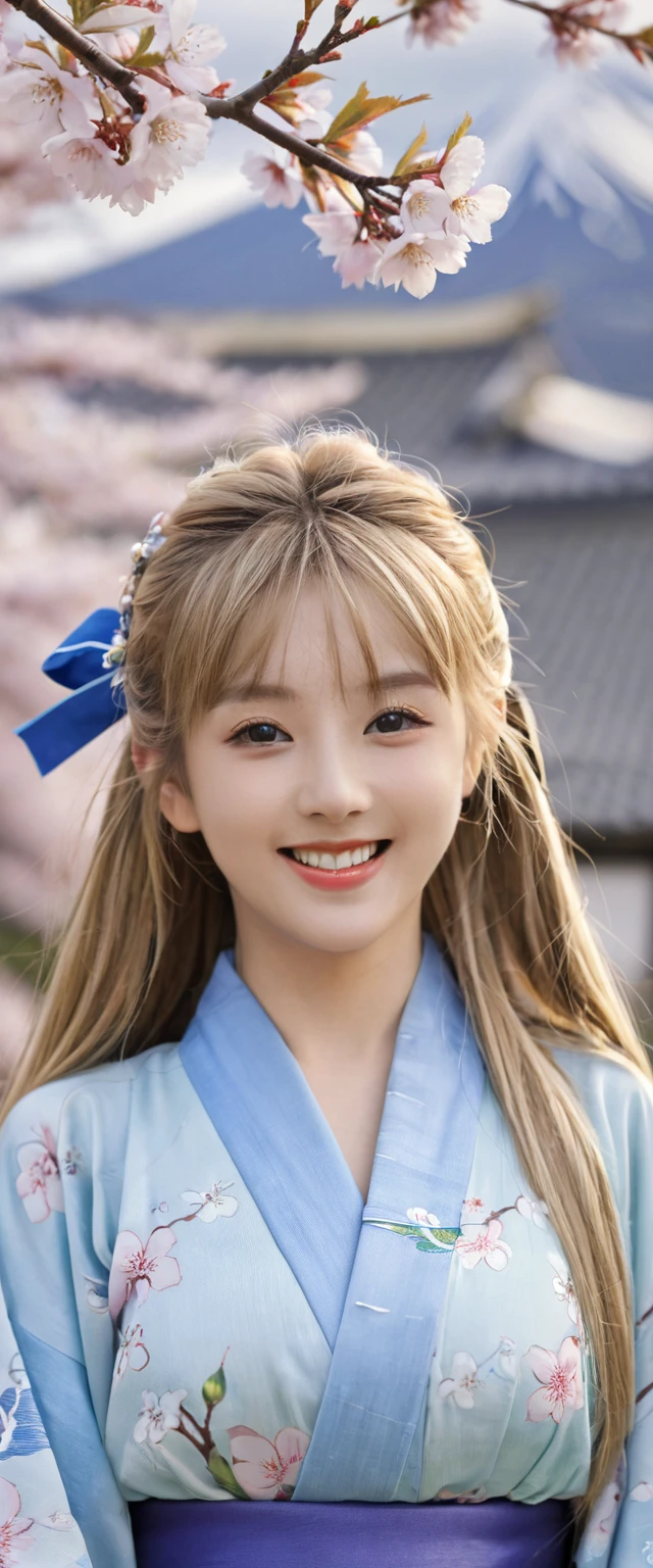 (((masterpiece: 1,5, best quality, high resolution, Super Resolution, Extremely detailed: 1,2, Rich background: 1,4))), (close up), (1 Girl), Solitary, Green Eyes, blonde long hair tied with blue Ribbon, Hair accessories, Bangs, Smile, High school girl, Medium breasts, ((Hands in the air)), Japanese clothes, (Blue short kimono), sandals, Ribbon, Heart, ((outdoor)), Cherry blossoms, (Tory Gates), Stone steps, Sky (afternoon), Cherry blossomss fall, ((Dramatic lighting: 1,3)), cloudy, (The scenery behind Mount Fuji)