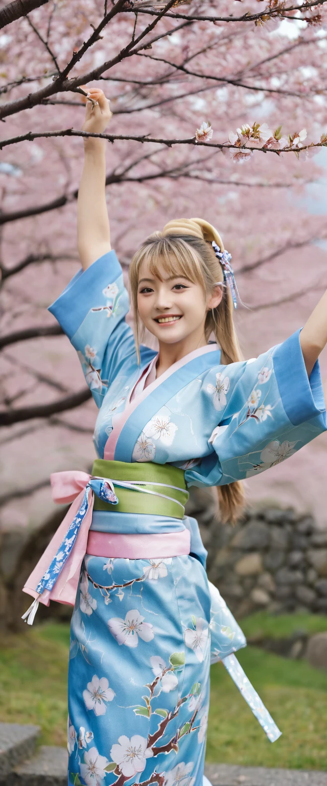 (((masterpiece: 1,5, best quality, high resolution, Super Resolution, Extremely detailed: 1,2, Rich background: 1,4))), (close up), (1 Girl), Solitary, Green Eyes, blonde long hair tied with blue Ribbon, Hair accessories, Bangs, Smile, High school girl, Medium breasts, ((Hands in the air)), Japanese clothes, (Blue short kimono), sandals, Ribbon, Heart, ((outdoor)), Cherry blossoms, (Tory Gates), Stone steps, Sky (afternoon), Cherry blossomss fall, ((Dramatic lighting: 1,3)), cloudy, (The scenery behind Mount Fuji)