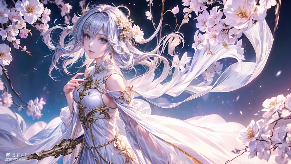 (8K, 最high quality, masterpiece: 1.2), Fire emblem: Genealogy of the Holy War,Deirdre,purplish-silver hair,Wavy Hair,Fleeting,Long walking stick,White robe,beautiful girl,Moonlit Night,sexy,Glamour,Purple eyes,sacred,Dynamic pose,One Girl,Flower Field,Lakeside(the best品質を最高に8K, CG, Beautiful and exquisite upper body, Floral forest background, Complex facial features, Almond Eyes, Exquisite eye makeup, Long eyelashes fluttering, Blinking big eyes, (masterpiece, 最high quality, the best, Official Art, Beautiful and beautiful, Long-term exposure: 1., Smooth movement, Attractive patterns, 1 Girl, (Long sleeve dress: 1.3), (((White clothes) )), Delicate face,Lavender colored hair,Wavy Hair, Gradient Hair,Long Hair, Bare shoulders, ,Detailed Background, Delicate face,, Dynamic pose, Suspended particles, Ethereal atmosphere,gem,One Girl,goddess,Delicate and beautiful face,Flowing,Perfect balance, Detailed clothing details,Cinema Lighting, Film Grain, Fujicolor, masterpiece, Textured skin, Very detailed, High detail, high quality, High resolution,