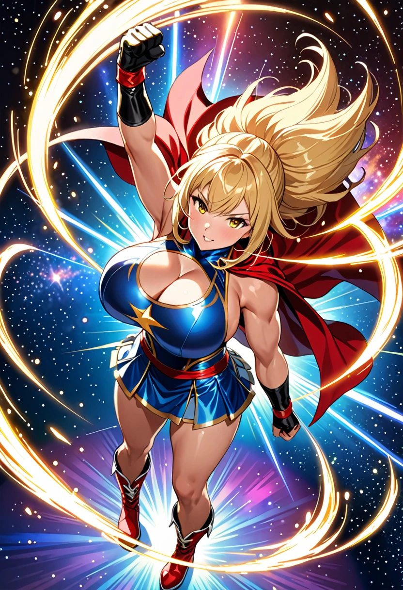 Create an image of a girl, barefoot, ((((sagging massive breasts)))), (matching gloves and boots). she (short blonde, wearing (((too short))) skirt with frill, (((intricate)) wrestling outfit). はためくCape, wrestler, muscle, (((from above))), 1 fist up, 1 arm up, enveloped in a shining aura.. Outer space background, Severe. masterpiece, Highest quality, employment. Diffraction Spikes, Particles of light.