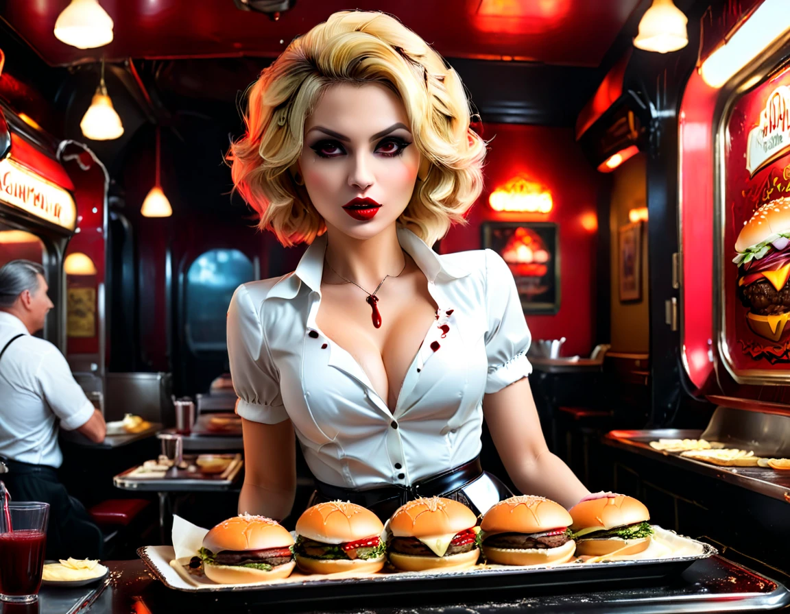 a 3D digital painting picture of extremely (beautiful female vanpire:1.3) ((serving a big juicy raw hamburger: 1.3)) on a tray, dripping blood in a goth American diner, an exquisite beautiful female (vampire:1.3), (full body: 1.3) ultra feminine ultra detailed face, blond hair, short hair, red lips, red eyes, glowing eyes, wearing  glamour white seductive latex dress, serving a goth diner American kitchen background, full body dynamic angle, , award winning, best quality, high quality, high details, highres, vibrant, Ultra-high resolution, High Contrast, (masterpiece:1.5), highest quality, Best aesthetics, best details, best quality, highres, ultra wide angle, 16k, [ultra detailed], masterpiece, best quality, photorealistic, 3D rendering, Cinematic Hollywood Film, chumbasket art style