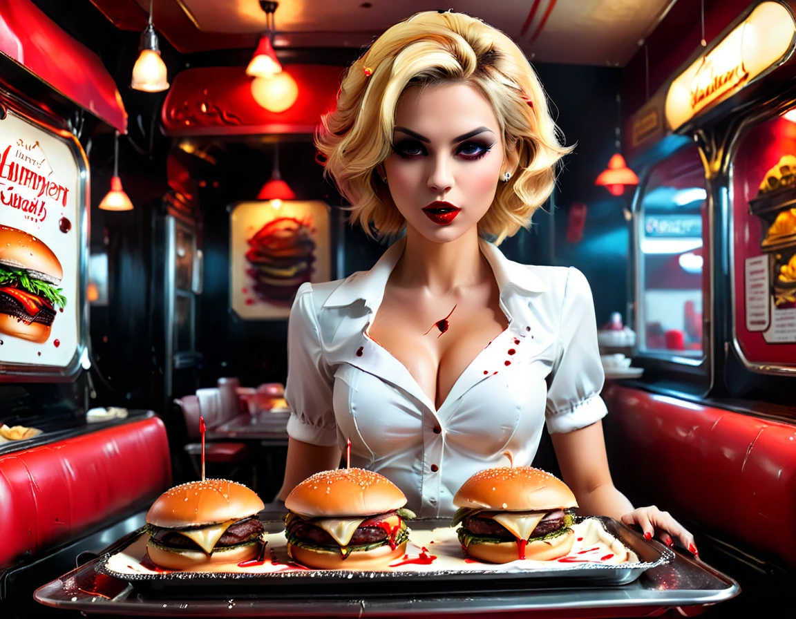 a 3D digital painting picture of extremely (beautiful female vanpire:1.3) ((serving a big juicy raw hamburger: 1.3)) on a tray, dripping blood in a goth American diner, an exquisite beautiful female (vampire:1.3), (full body: 1.3) ultra feminine ultra detailed face, blond hair, short hair, red lips, red eyes, glowing eyes, wearing  glamour white seductive latex dress, serving a goth diner American kitchen background, full body dynamic angle, , award winning, best quality, high quality, high details, highres, vibrant, Ultra-high resolution, High Contrast, (masterpiece:1.5), highest quality, Best aesthetics, best details, best quality, highres, ultra wide angle, 16k, [ultra detailed], masterpiece, best quality, photorealistic, 3D rendering, Cinematic Hollywood Film, chumbasket art style