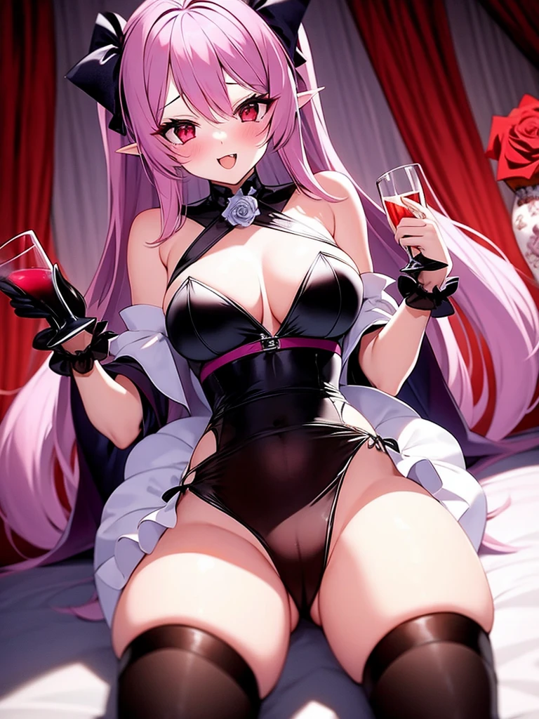 1girl, alcohol, cup, detached sleeves, drinking glass, flower, pink hair, pointy ears, purple flower, purple rose, red eyes, red flower, red rose, rose, rose petals, sitting, solo, thighhighs, vampire, wine glass, miniskirt, dress, เขี้ยวยาว, นั่งกางขา, กางเกงในสีขาว, โชว์กางเกงใน, camel toe, โชว์หน้าอก,