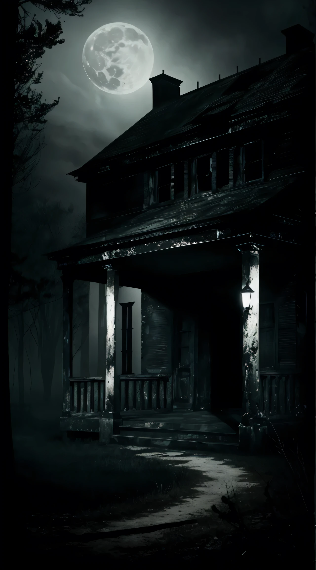 "Design a banner for the YouTube channel 'Haunted Whispers,' which features horror stories. The banner should capture a chilling and suspenseful atmosphere with a dark, moody color palette—primarily blacks, deep reds, and eerie greens. 

Incorporate elements such as a misty, haunted forest with twisted trees, a looming full moon casting an ominous glow, and shadowy figures or ghostly apparitions in the background. A dilapidated, haunted house could be included to add to the eerie setting.

Prominently display the channel name, 'Nightmare Narratives,' in a large, creepy, gothic font with effects like dripping or smoky text. Include subtle details like bats flying across the moon, cobwebs in the corners, and glowing eyes peering from the darkness to enhance the horror theme.

Ensure the banner is visually engaging and draws viewers into the sinister world of the channel, fitting the YouTube banner size requirements and looking good on both desktop and mobile views."