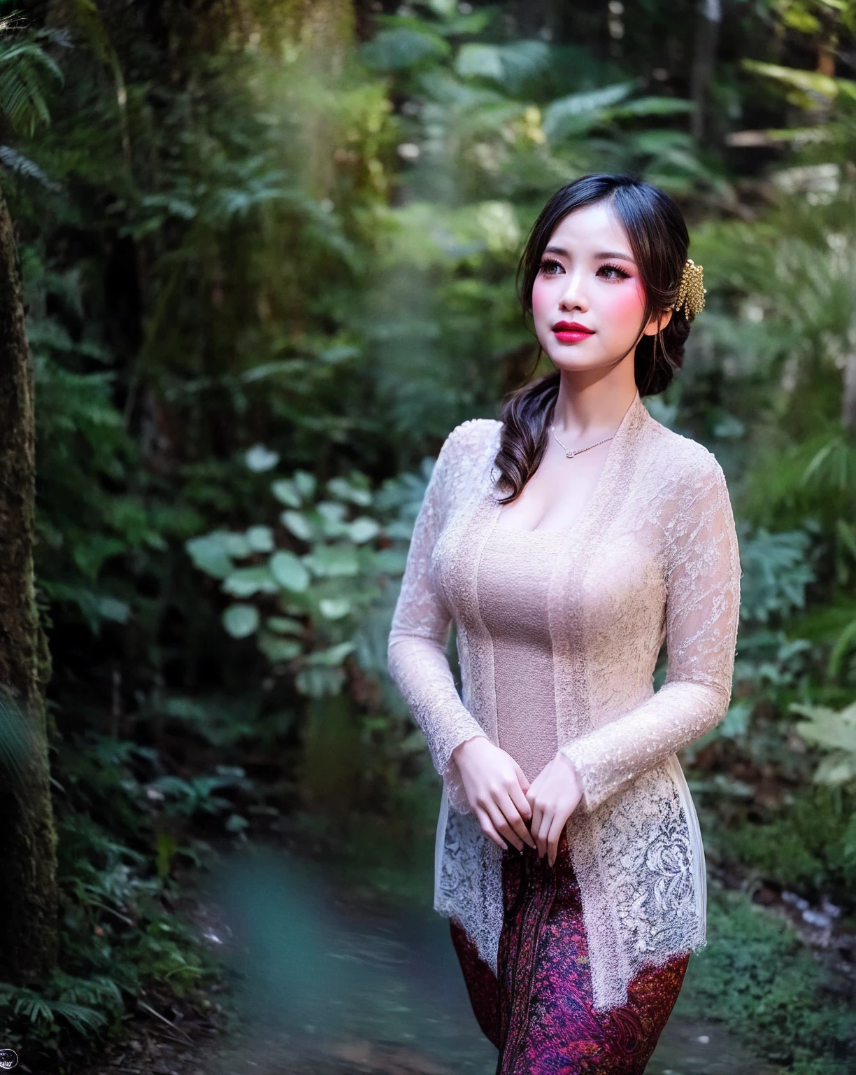 Create a photorealistic masterpiece of a beautiful woman with long hair wearing traditional Indonesian kebaya attire. Set her against a dark, forest backdrop with a captivating glow in the background and bokeh effect. Ensure the image quality is 8K with ultra-realistic details.,kebaya,kebaya indonesia