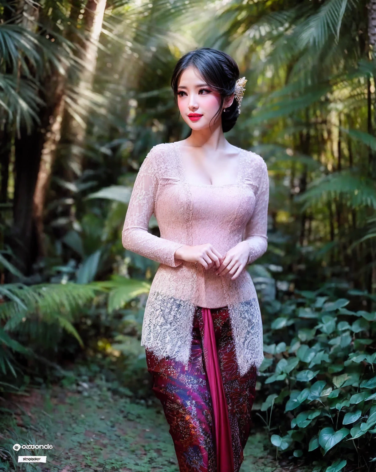 Create a photorealistic masterpiece of a beautiful woman with long hair wearing traditional Indonesian kebaya attire. Set her against a dark, forest backdrop with a captivating glow in the background and bokeh effect. Ensure the image quality is 8K with ultra-realistic details.,kebaya,kebaya indonesia