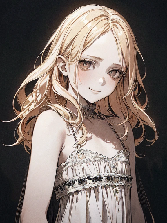 Highest quality, (Background details), High Contrast, Very beautiful  , Detailed original illustrations,very small stature、Baby Face、Villain、gnome, Wavy platinum blonde hair、 Delicate face,  Spoiled brat、White sundress、Real breasts, Flat Chest、Wicked Smile, Evil Eye, Black background, (Black background: 1. 5), Beautiful line art, Monochrome