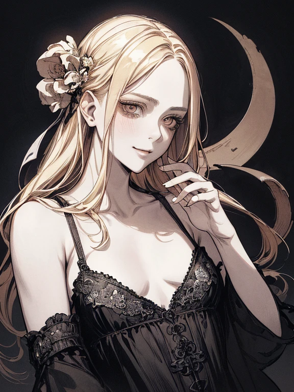 Highest quality, (Background details), High Contrast, Very beautiful , Detailed original illustrations,very small stature、Baby Face、Villain、gnome, Wavy platinum blonde hair、 Delicate face, Spoiled brat、White sundress、Real breasts, Flat Chest、Wicked Smile, Evil Eye, Black background, (Black background: 1. 5), Beautiful line art, Monochrome