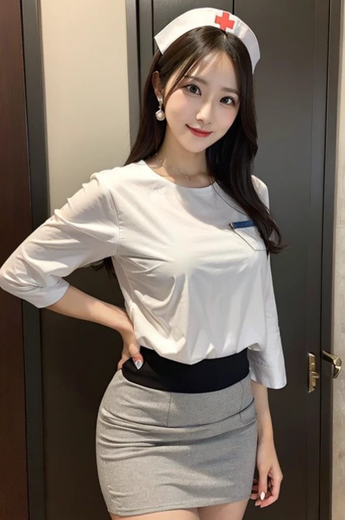 a nurse woman posing for a picture with a white half sleeve shirt and tight skirt on