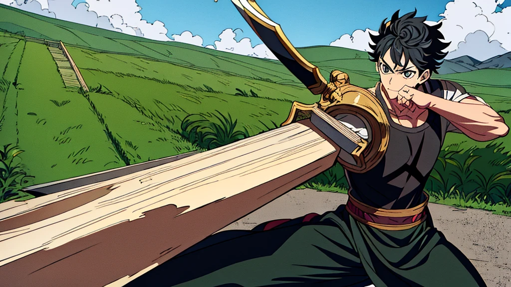 anime styling, Asta Black Clover, green field, martial arts training, giant sword.