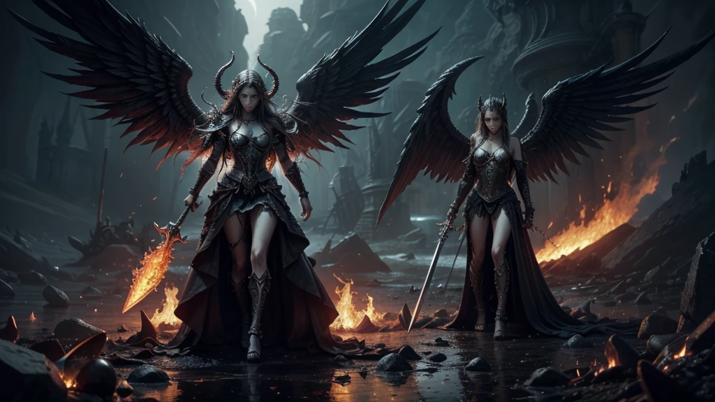 Personify Death and Hell as monstrous figures chained together, forced to release a tide of souls towards a fiery lake, a triumphant angel stands above holding a flaming sword, biblical art style, intense colors, highly detailed"