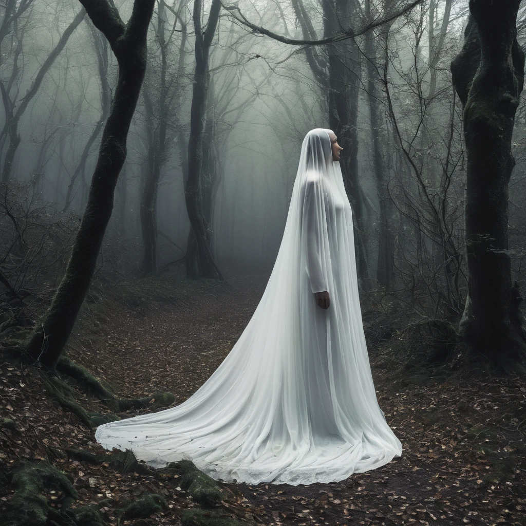 La forêt brumeuse de Brocéliande est hantée par la légende de la dame blanche, une figure fantomatique vue errant près de la berge au crépuscule. Elle apparaît comme une belle femme vêtue d’une robe blanche translucide, mais son visage est impassible confinant les âmes enjôlées par ses plaintes élégiaques.