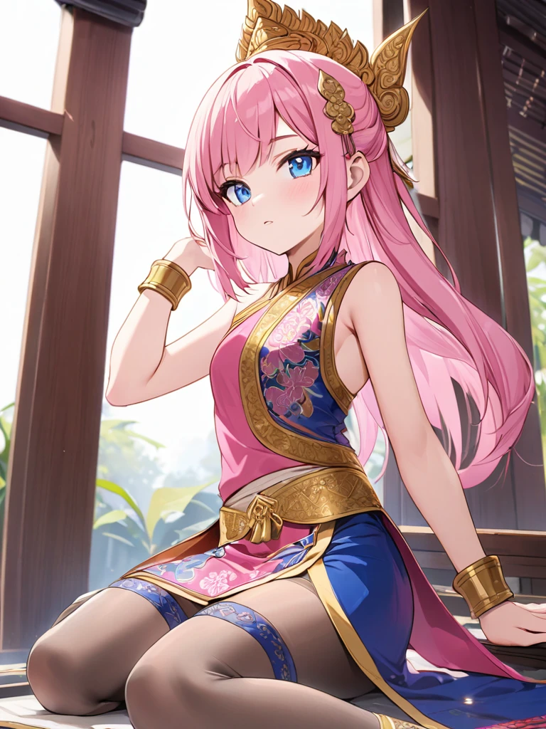 pink hair girl, blue eyes, Wear Thai costume, tights, and thigh socks.