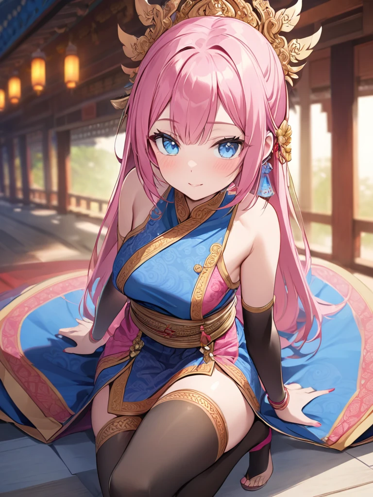 pink hair girl, blue eyes, Wear Thai costume, tights, and thigh socks.