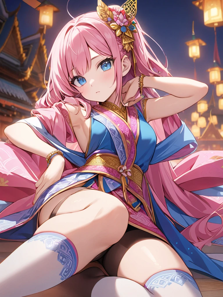 pink hair girl, blue eyes, Wear Thai costume, tights, and thigh socks.
