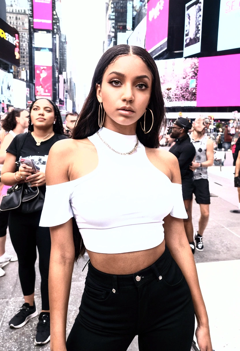 Femme noire cheveux aux épaules et crépus, yeux marrons , traits de visage fins streetwear style, crop top blanc, photo prise au milieu de time square en selfie ,sac rose plumée à l'épaule droite,emme d'une vingtaine d'année