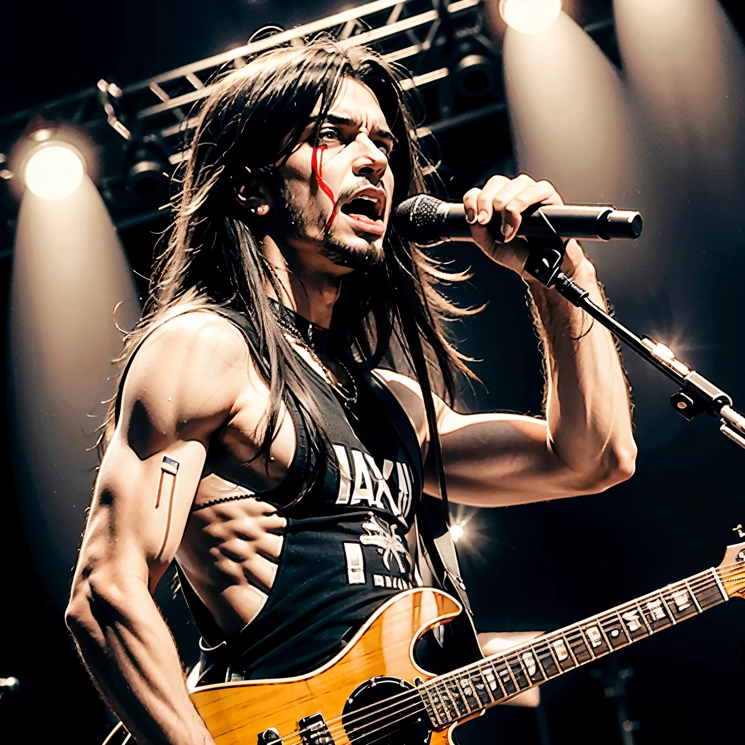 absurdrez, ultra detali, high qualiy, work of art, face detailed, gorgeous eyes(detailedeyes), guitarist, rock god, metalhead, the king of Rock, strong and impressive, characteristics are tall and straight hair, with wide back, a face of perfect proportions, eyes full of anger, keep an intense gaze, blackquality hair, biggest rock concert in the world, image furthest from the main focus, non-ambient focus