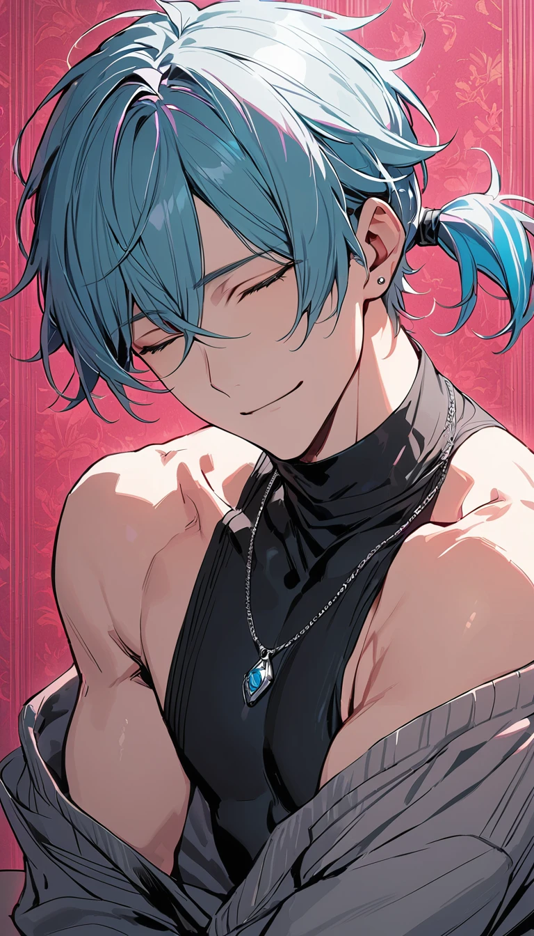 ((((best masterpiece, best quality, wallpaper,)))) solo, guy, male body, small muscles, flat chest, 1male, 30 years old, handsome man, upper body, looking at viewers, beautiful detailed, seductive smile, mediumturquoise hair, ((((Lower short ponytail)))), asymmetrical bangs, ((short hair,)) (((light smile, closed eyes, tareme, droopy eyes,))) (((perfect face,))) perfect hands, sharp nose, clear face, black turtleneck, grey cardigan, ((silver piercing, pendant,)) leggings, pink background color ultrasharp, 8K, masterpiece,
