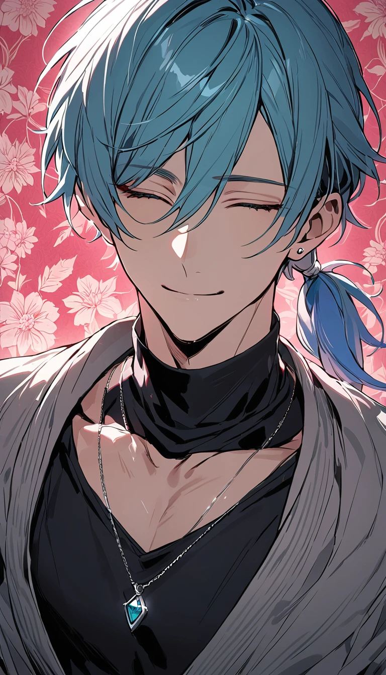 ((((best masterpiece, best quality, wallpaper,)))) solo, guy, male body, small muscles, flat chest, 1male, 30 years old, handsome man, upper body, looking at viewers, beautiful detailed, seductive smile, mediumturquoise hair, ((((Lower short ponytail)))), asymmetrical bangs, ((short hair,)) (((light smile, closed eyes, tareme, droopy eyes,))) (((perfect face,))) perfect hands, sharp nose, clear face, black turtleneck, grey cardigan, ((silver piercing, pendant,)) leggings, pink background color ultrasharp, 8K, masterpiece,
