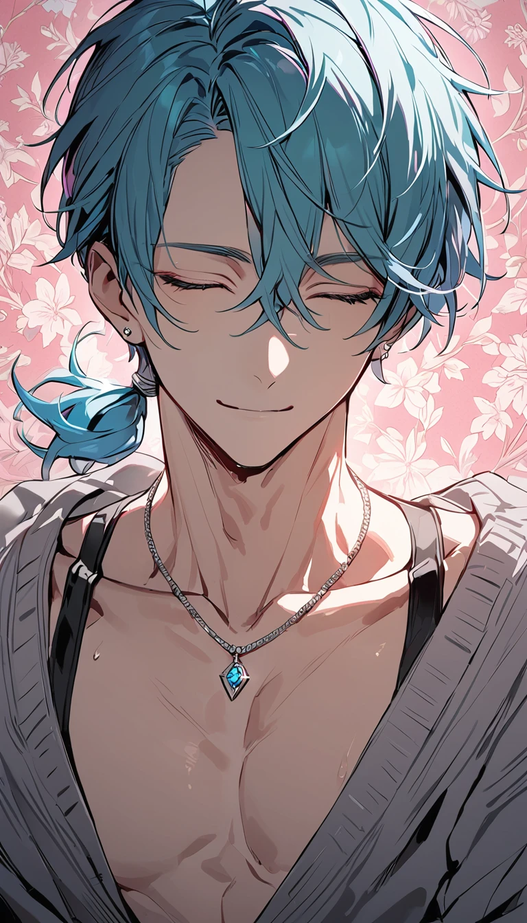 ((((best masterpiece, best quality, wallpaper,)))) solo, guy, male body, small muscles, flat chest, 1male, 30 years old, handsome man, upper body, looking at viewers, beautiful detailed, seductive smile, mediumturquoise hair, ((((Lower short ponytail)))), asymmetrical bangs, ((short hair,)) (((light smile, closed eyes, tareme, droopy eyes,))) (((perfect face,))) perfect hands, sharp nose, clear face, black turtleneck, grey cardigan, ((silver piercing, pendant,)) leggings, pink background color ultrasharp, 8K, masterpiece,