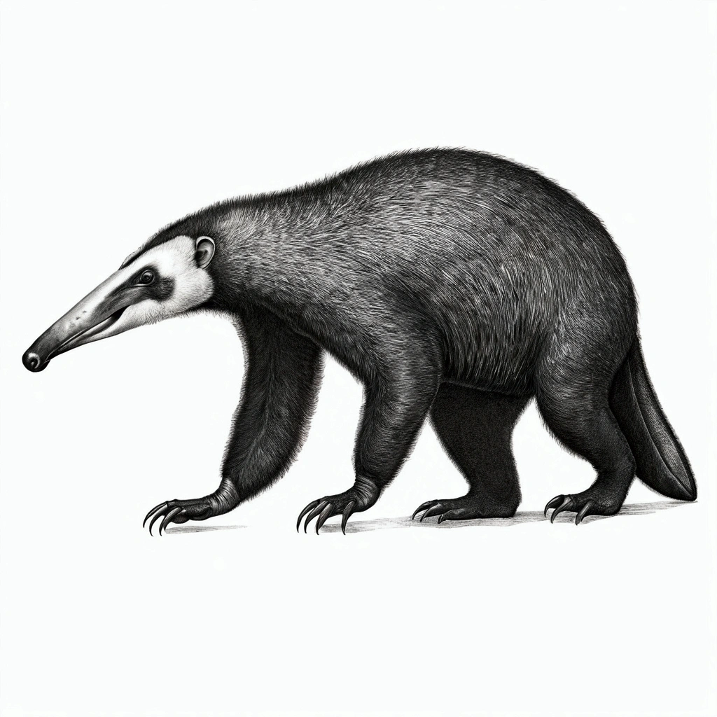 Drawing of a giant anteater (Myrmecophaga tridactyla), 8K, no errors in the image, no more than two front claws, No writing, no signature.
