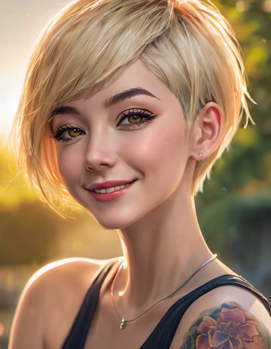 portrait of a stunning young blonde woman looking at camera, very short pixie with side shaved haircut, tattoos,very happy gaze,dimples,flirt,cute gummy smile with nose wrinkles,shy,shoulders,attractive features,expressive eyes,perfect face,makeup enhancements,white tank top,sunny landscape in background,striking photorealism,niji,trending on artstation,featured on pixiv,cinematic composition,dynamic pose,beautiful lighting,sharp,details,hyper-detailed,Sony/Zeiss 90mm,f/2.8,shutter speed of 1/500s,WLOP,HDR,32k,masterpiece,best quality