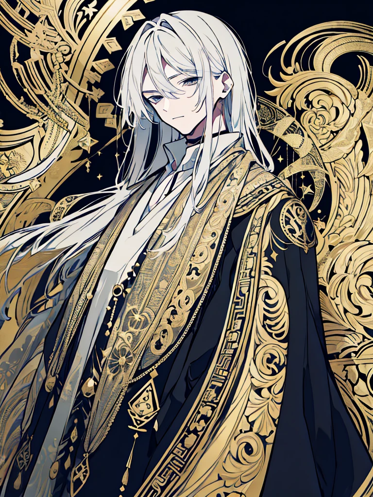 A white-haired man wearing a black robe covered in intricate gold and silver decoration, with motifs of ancient symbols representing power and wisdom. mysterious smoke background.