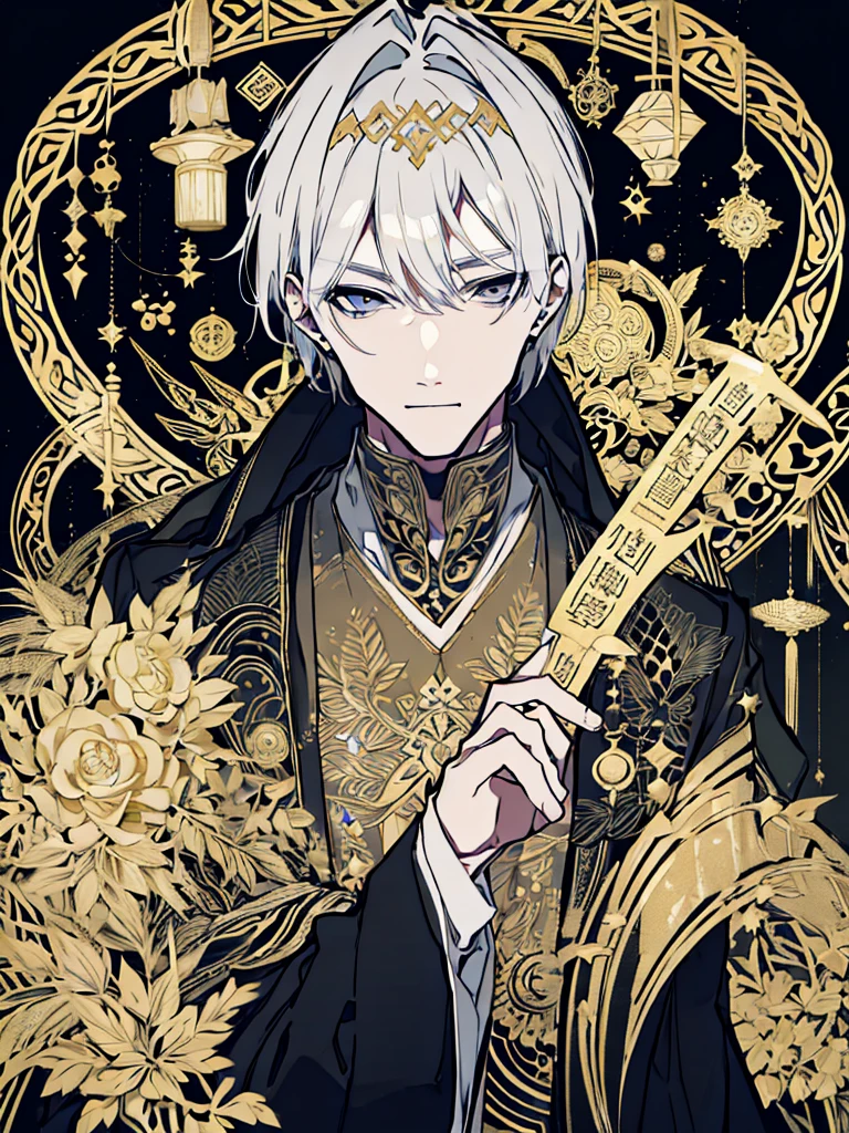 A white-haired man wearing a black robe covered in intricate gold and silver decoration, with motifs of ancient symbols representing power and wisdom. mysterious smoke background.