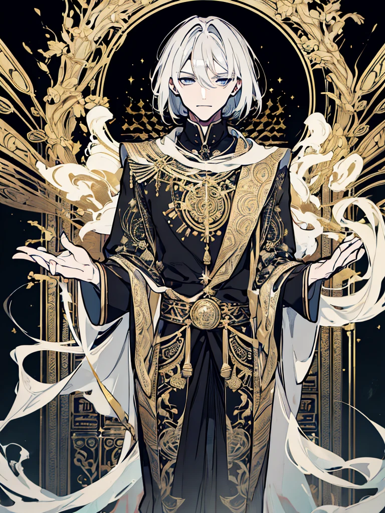 A white-haired man wearing a black robe covered in intricate gold and silver decoration, with motifs of ancient symbols representing power and wisdom. mysterious smoke background.