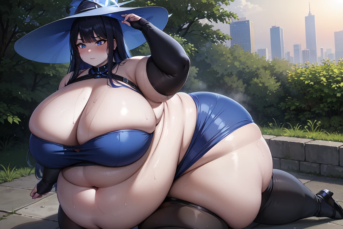 saori joumae, blue eyes, blue hair, halo, long hair, massive breasts, wide hips, torn clothes, massive hips, fat bare arms, wet, sweaty, tired, fat face, fat neck, double chin, witch hat, fantasy city, outdoors, cityscape, black clothes:1.4, WeightObese