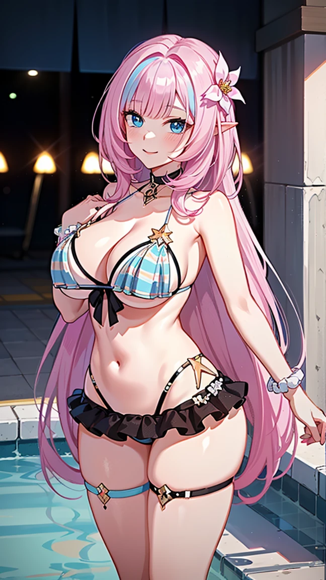 Masterpiece, Super real Detail, High Quality, 8K, top quality, one girl, alone, looking at viewer, Elysia, honkai impact , (((shining long light blue hair, bangs bangs))), ((shining light blue eyes, highlight on eyes)) manicure, hair ornament, (((beautiful body, very large breasts))), ((Cute design pink colored micro bikini and thong))), holding up hand, flower, blunt bangs, (((charming smile))), colorful, amusement park pool background, ruffles, multi colored hair, ((Above the knees image, beautiful standing pose))
