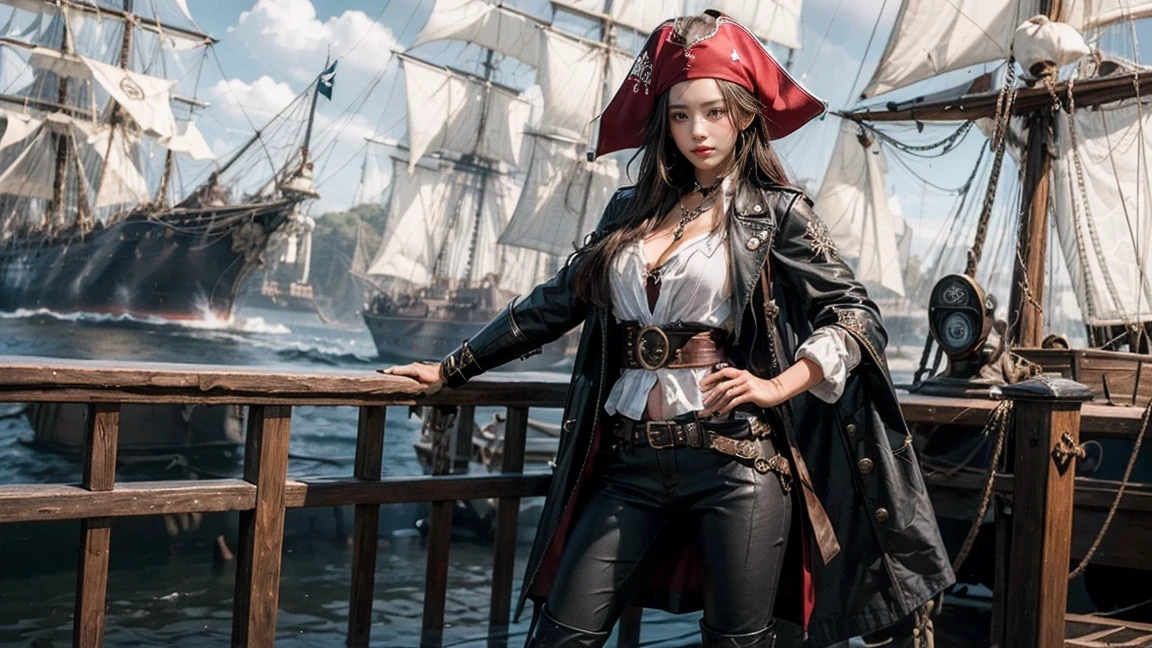 21yo girl pirate, standing against a dark, pirate ship background, wearing a classic pirate outfit consisting of a tricorn hat, a white shirt with a red sash, dark leather gloves, and a long dark coat. Her pants are fitted, and she has knee-high, heeled boots. The overall atmosphere should be mysterious and adventurous, capturing the essence of a daring and charismatic pirate character.