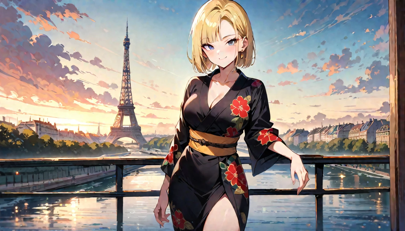 (masterpiece, best quality:1.2),1girl, (solo), Android 18 from Dragon Ball, ((floral print black kimono)), medium breasts, blunt bangs, blonde short hair, black eyes, earrings on earlobes, slim, slender feminine figure, skinny body, blush, magnificent view, blur background, 4K, the Eiffel Tower, collarbone, riverside, sky, sunny, smile,