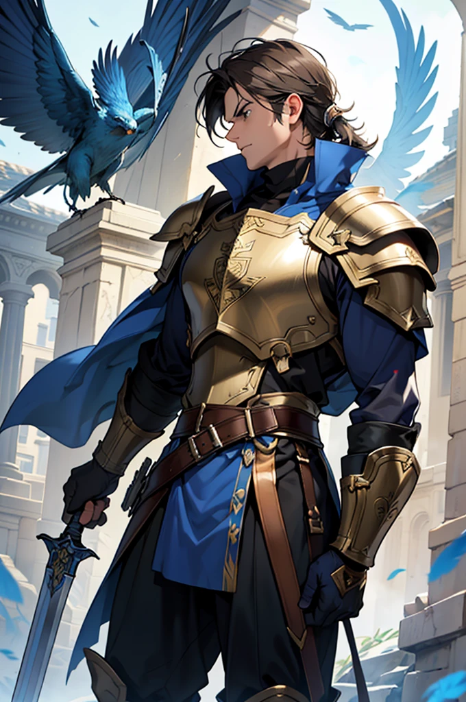 clearing! Let&#39;s create a detailed character:

**name:** Sir Alaric

**kor:** 18-years old

**Physical description:**
- **Height:** 1,75m - **Constitution:** Strong and athletic, with well-defined muscles due to intense training.
- **body hair:** dark brown, short and shaggy.
- **eyeballs:** greens, expressive and determined.
- **muka:** Youngh, with striking features and a firm chin. Has some scars from previous battles.
- **Skinned:** clear, with signs of sun exposure due to long periods outdoors.

**Fixtures:**
- **armour:** A polished plate armor, with details in gold and blue. The armor is custom made, offering maximum protection without sacrificing mobility.
  - **breastplate:** A robust piece that protects the torso, with a family emblem carved in the center.
  - **clamps:** Protections that cover the forearms to the elbows.
  - **shin guards:** Metal pieces that cover the legs up to the knees.
  - **Elmo:** A simple helmet, with a visor that can be raised. The helmet has a crest of blue feathers, symbol of your home.
- **shield:** A large battle shield, almost as tall as him, with steel reinforced edges. The shield is decorated with your family&#39;s coat of arms, representing courage and honor.
- **elsword:** A long, well-kept sword, kept in a sheath next to your waist.

**Posture and Appearance:**

**facing the front:**
- Sir Alaric is standing, with the shield positioned in front of your body, covering it from head to toe.
- His right hand rests on the hilt of the sword, ready to withdraw at any time.
- The helmet is slightly tilted, suggesting that he is alert and prepared for any threat.
- Armor reflects light, standing out even in the midst of battle.

**from sideways:**
- Sir Alaric is seen in profile, with the shield raised to his left, protecting you from side attacks.
- Your body is slightly tilted forward, in an aggressive defensive position, ready to advance or retreat as needed