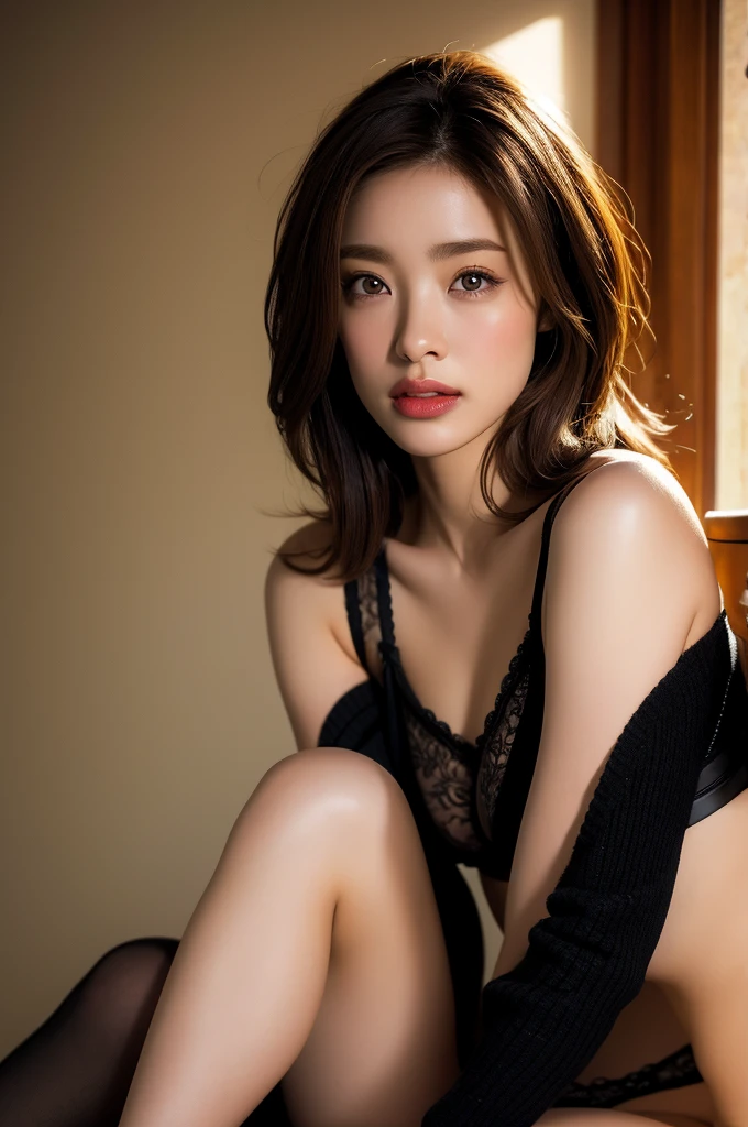 One Girl, alone, underwear, garter_belt, panties, chest, Realistic, brown_hair, lips, length_hair, Knee socks, Moderate_chest, coat, lingerie, black_panties, Broke up_lips, Detailed face, Beautiful Eyes, beautiful lips, photoRealistic, 8K, High resolution, masterpiece, Very detailed, Vibrant colors, Studio Lighting, Physically Based Rendering