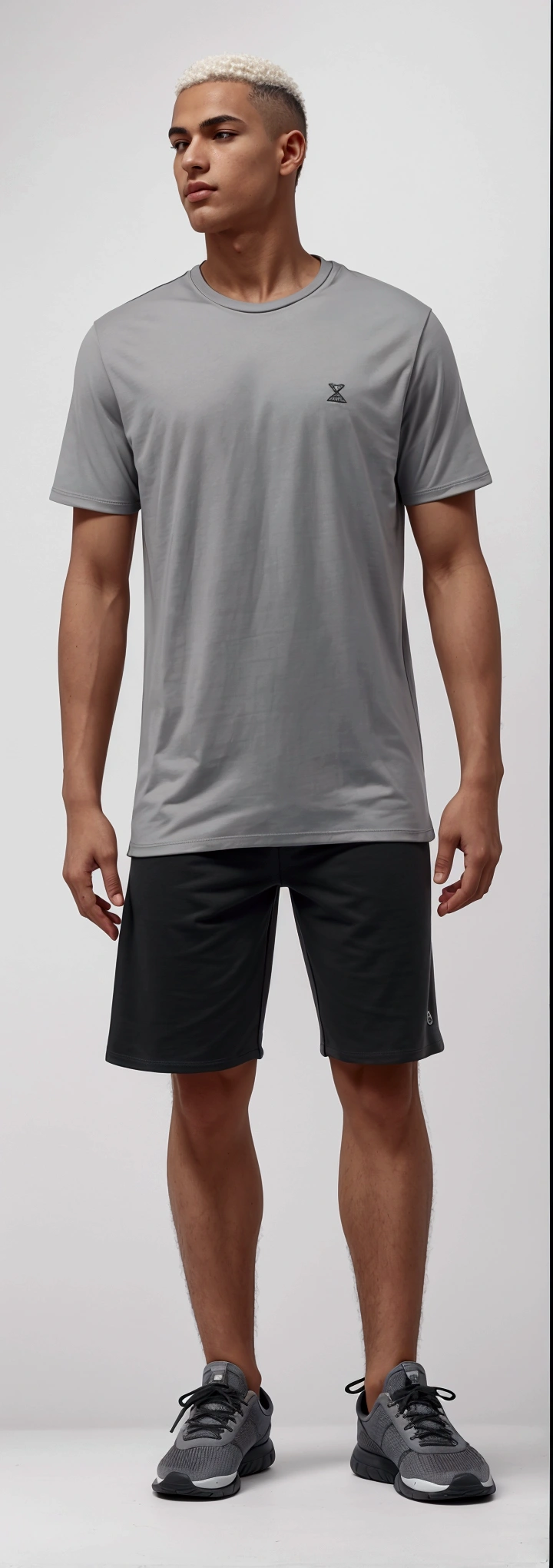 homem branco arafiado de gray shirt e short em pé, wearing shorts and t-shirt, gray shirt, solid gray, gray shorts and black socks, in metallic gray, full body distant view, detailed product image, Jovem com short, modern casual outfit, skin tanned, t-shirt and shorts, hyper-detailed full-body photo, casual outfit, wearing black shorts