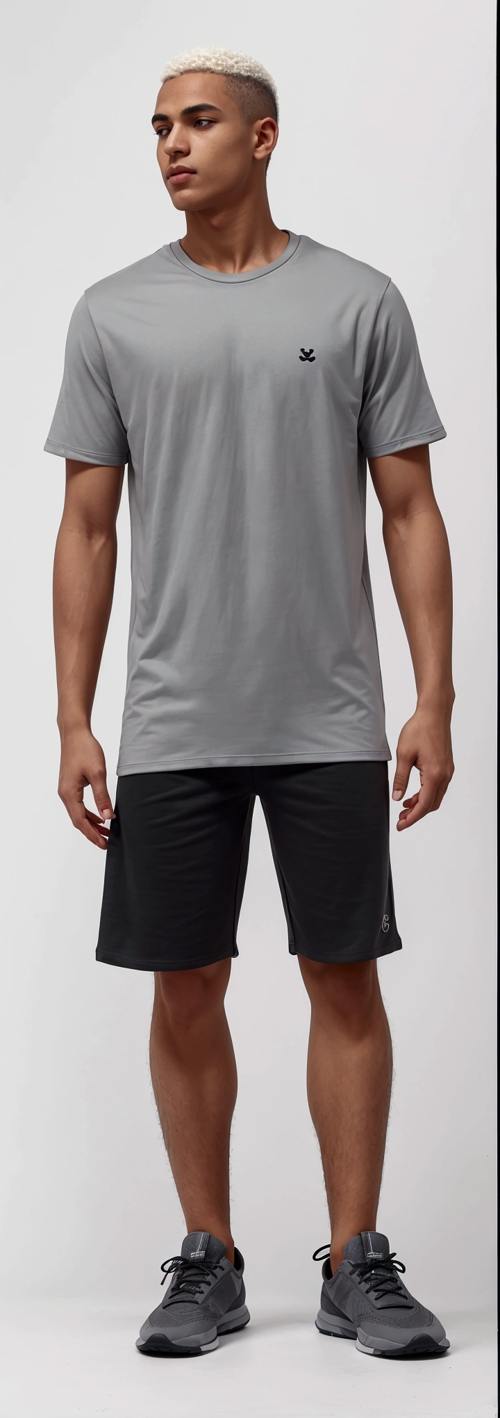 homem branco arafiado de gray shirt e short em pé, wearing shorts and t-shirt, gray shirt, solid gray, gray shorts and black socks, in metallic gray, full body distant view, detailed product image, Jovem com short, modern casual outfit, skin tanned, t-shirt and shorts, hyper-detailed full-body photo, casual outfit, wearing black shorts