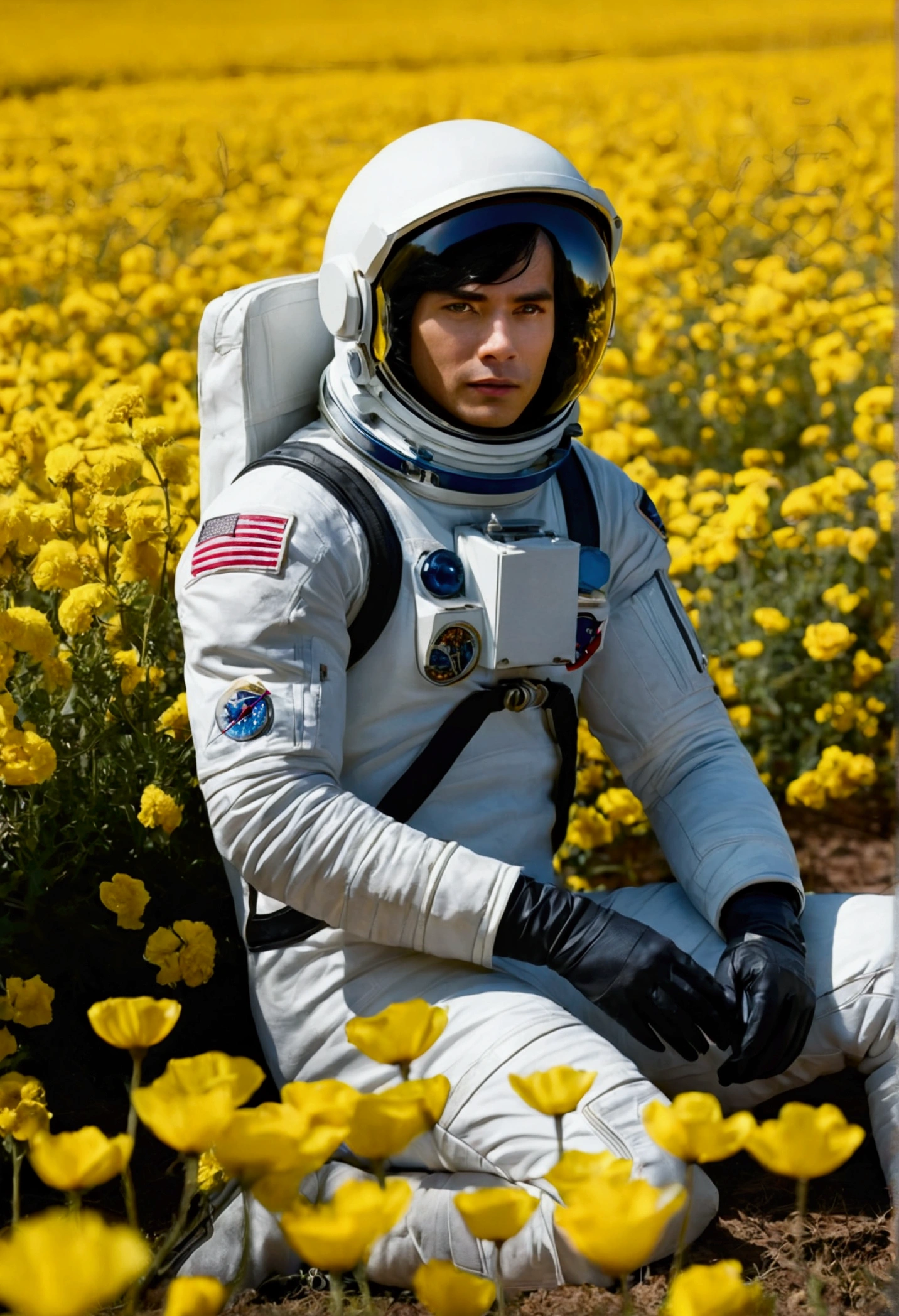 (masterpiece, best quality),cinematic composition, letterboxed, depth of field, solo focus, astronaut sitting in a field of yellow flowers with resting on the ground, gloves, yellow flower, black gloves, spacesuit, science fiction, sunlight, black hair, blue eyes, looking at viewer