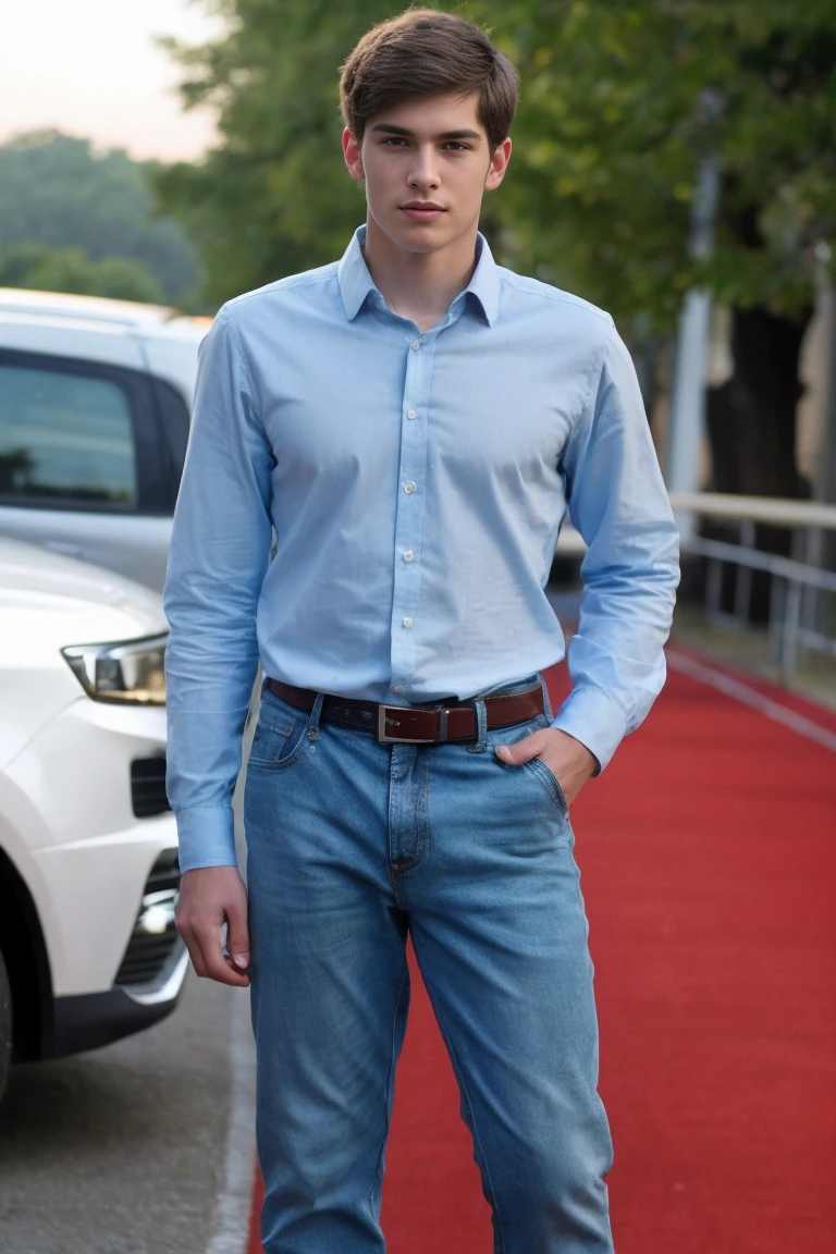 Realistic photo of solo handsome teenage men ,standing on the expressway