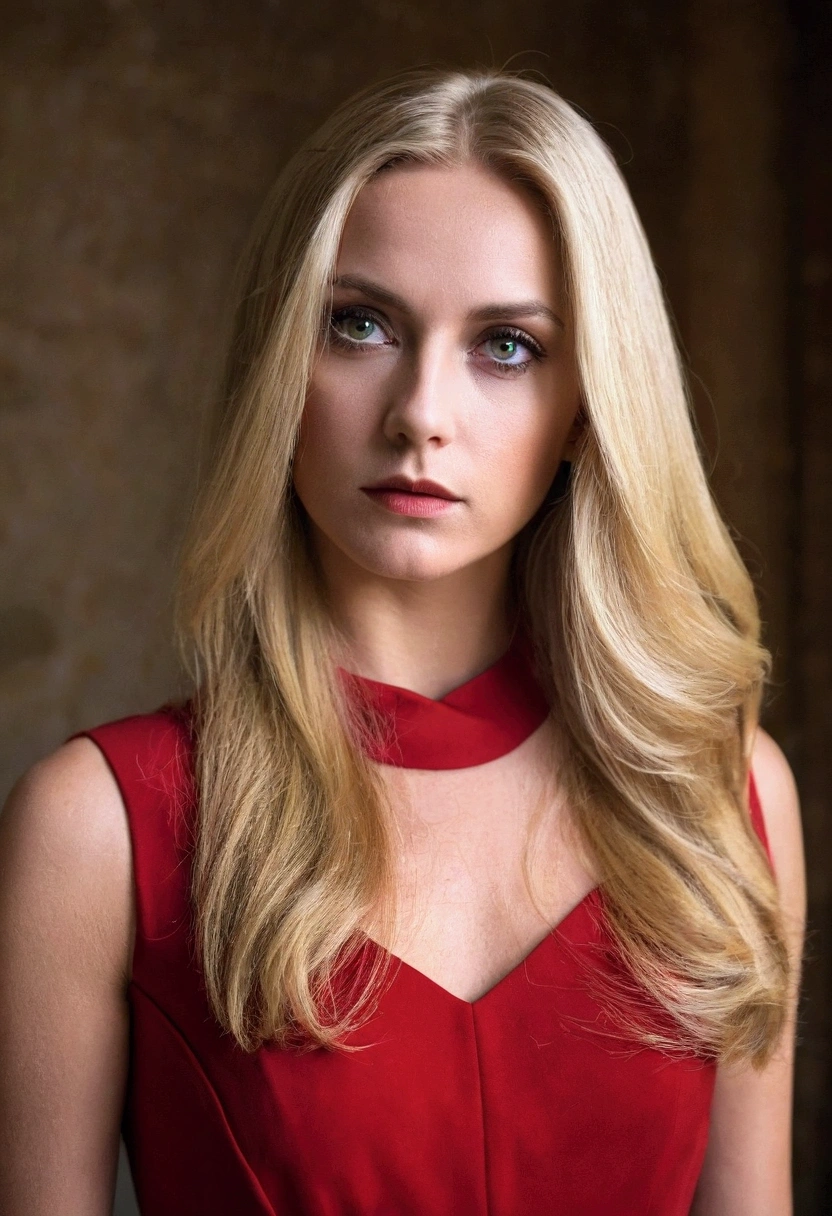 a one woman,with long blonde hair,eyes browns,with a chic short red dress
