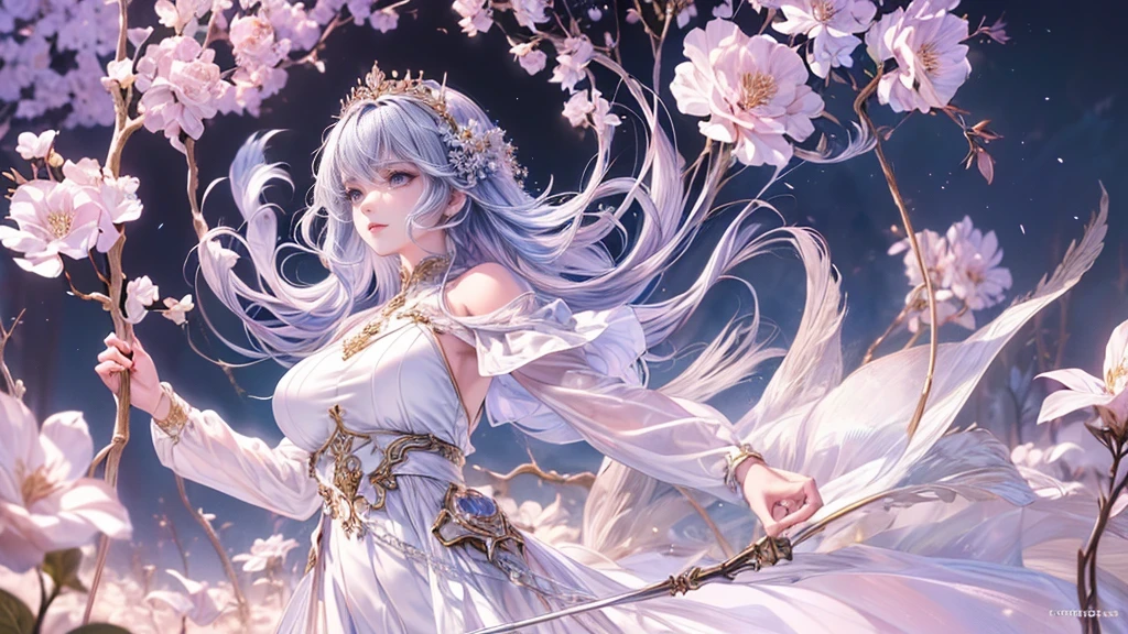 (8K, 最high quality, masterpiece: 1.2), Fire emblem: Genealogy of the Holy War,Deirdre,purplish-silver hair,Wavy Hair,Fleeting,Long walking stick,White robe,beautiful girl,Moonlit Night,sexy,Glamour,Purple eyes,sacred,Dynamic pose,One Girl,Flower Field,Lakeside(the best品質を最高に8K, CG, Beautiful and exquisite upper body, Floral forest background, Complex facial features, Almond Eyes, Exquisite eye makeup, Long eyelashes fluttering, Blinking big eyes, (masterpiece, 最high quality, the best, Official Art, Beautiful and beautiful, Long-term exposure: 1., Smooth movement, Attractive patterns, 1 Girl, (Long sleeve dress: 1.3), (((White clothes) )), Delicate face,Lavender colored hair,Wavy Hair, Gradient Hair,Long Hair, Bare shoulders, ,Detailed Background, Delicate face,, Dynamic pose, Suspended particles, Ethereal atmosphere,gem,One Girl,goddess,Delicate and beautiful face,Flowing,Perfect balance, Detailed clothing details,Cinema Lighting, Film Grain, Fujicolor, masterpiece, Textured skin, Very detailed, High detail, high quality, High resolution,