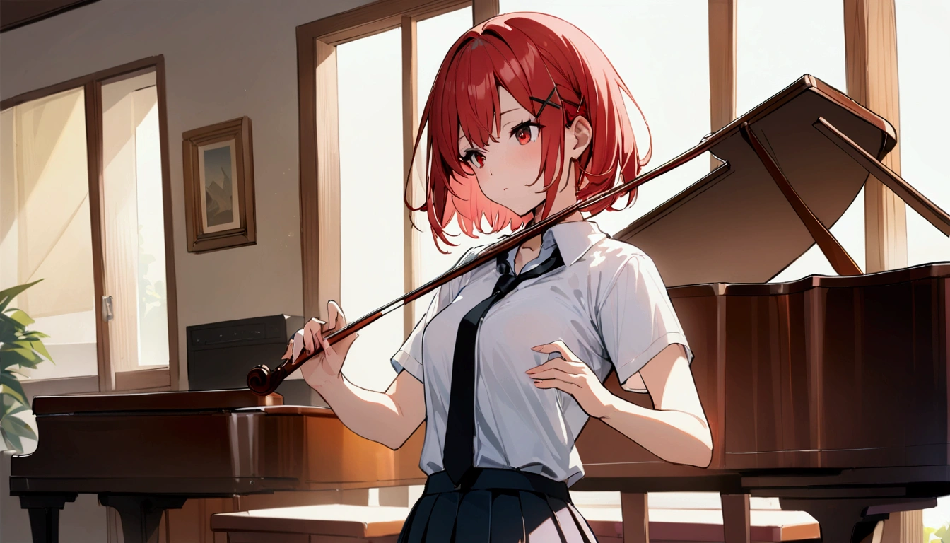 short hair, (Red hair:1.2), X Hair Ornament, Red eyes,tie, girl,One person, Collared shirt, White shirt, Short sleeve, Pleated skirt, student, Highest quality, masterpiece, High resolution, summer,music room、Playing the violin、