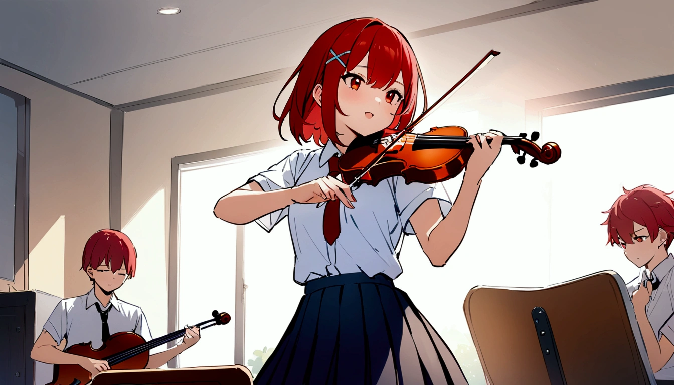 short hair, (Red hair:1.2), X Hair Ornament, Red eyes,tie, girl,One person, Collared shirt, White shirt, Short sleeve, Pleated skirt, student, Highest quality, masterpiece, High resolution, summer,music room、Playing the violin、