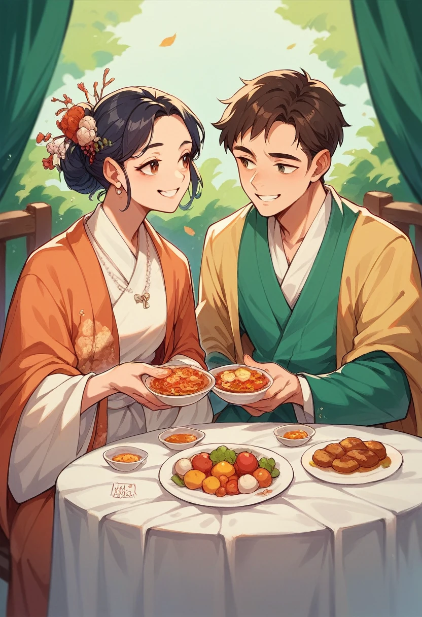 A meeting of Islamic families to introduce the prospective bride and groom, with both families sitting around a table adorned with traditional food, the boy and girl smiling at each other with hope