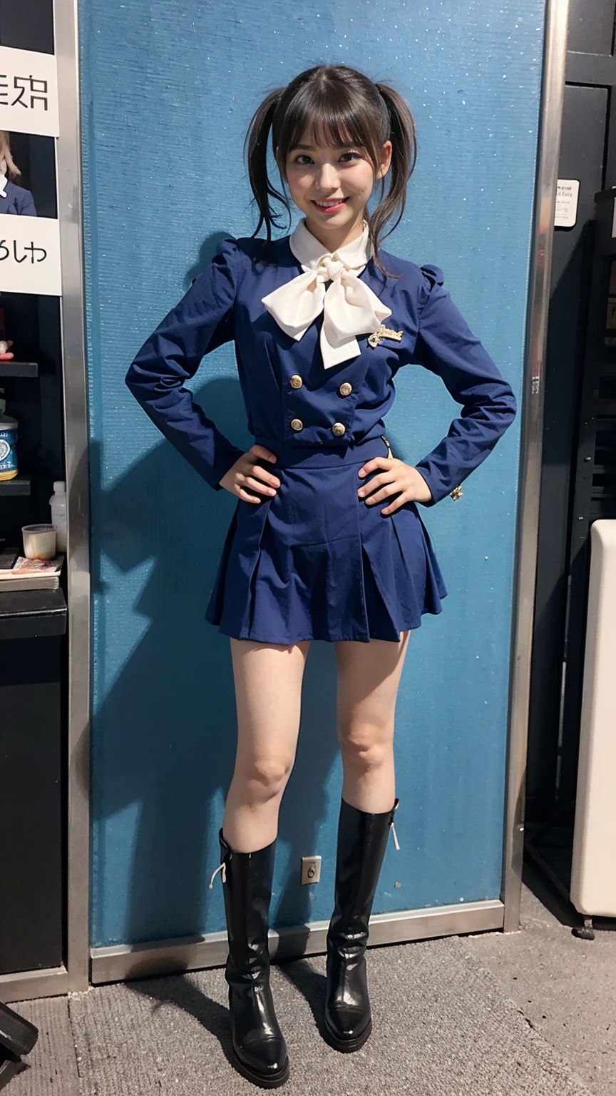 (8K、RAW Photos、Highest quality、masterpiece:1.2)、(Highest quality、Realistic)、1 Girl、((Tube top、Twin tails、mini skirt、uniform、ribbon、Medium Hair、See-through、smile、Silver and Black、Thin legs、whole body、boots、garden、View from the front、Looking into the camera、Stand with hands on hips))、cute